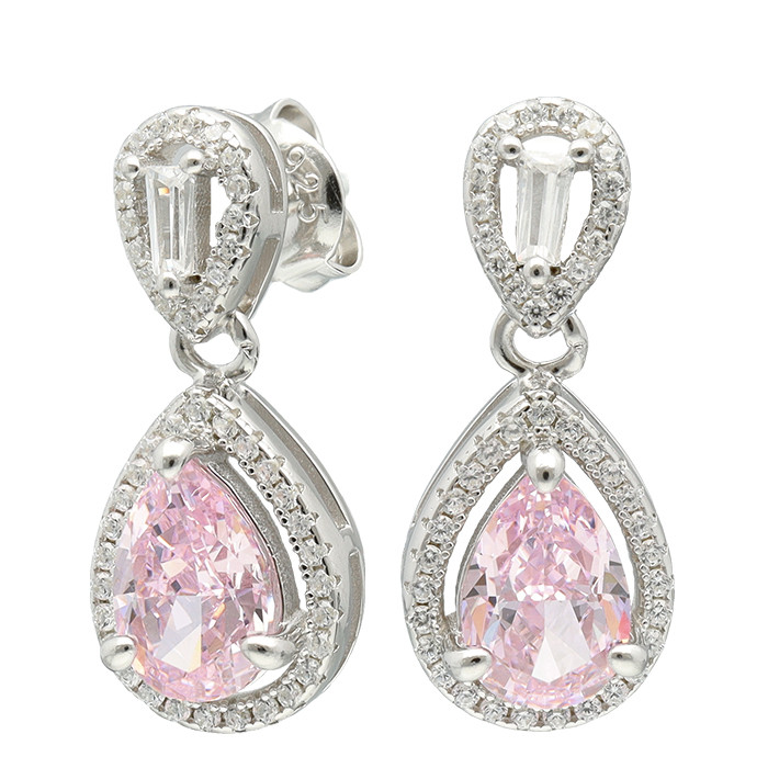 PENDIENTES DE PLATA LARGOS CON PIEDRA ROSA FORMA DE PERA