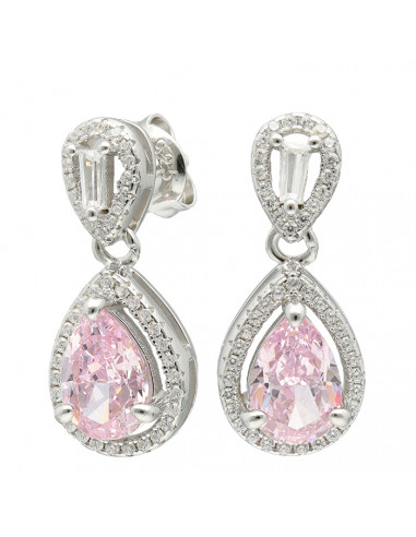 PENDIENTES DE PLATA LARGOS CON PIEDRA ROSA FORMA DE PERA