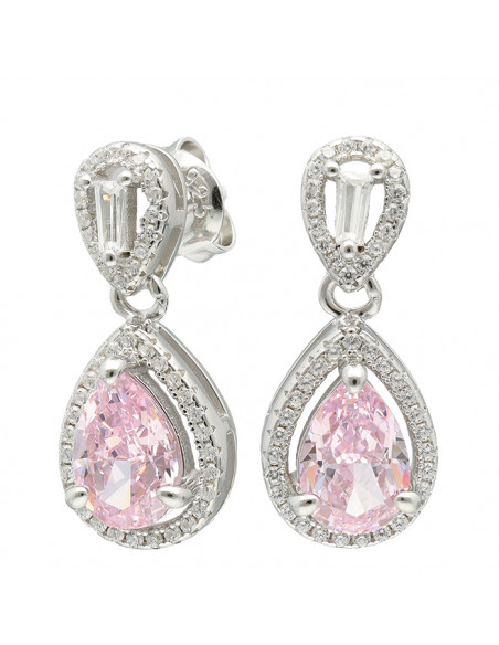 PENDIENTES DE PLATA LARGOS CON PIEDRA ROSA FORMA DE PERA