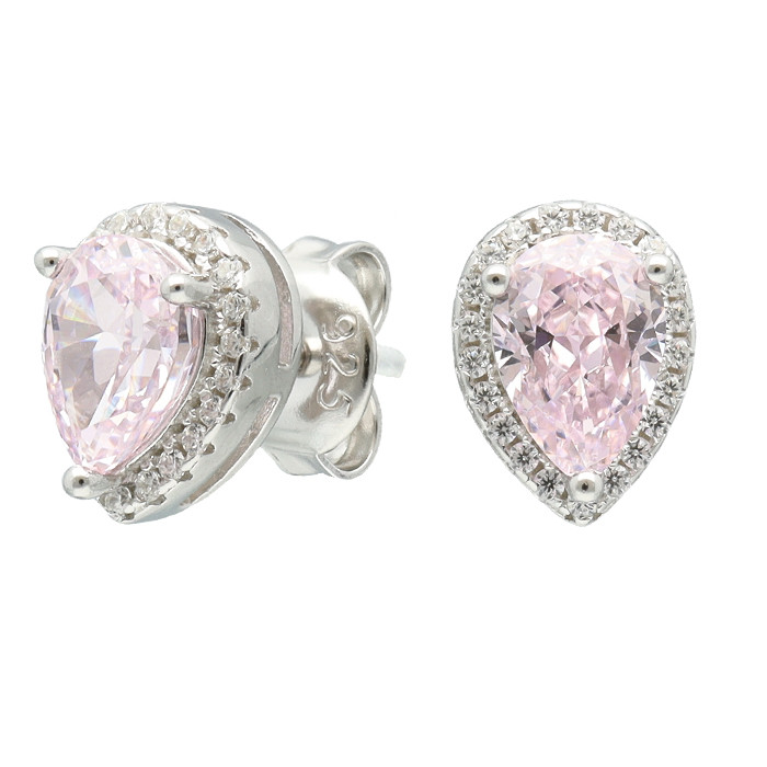PENDIENTES DE PLATA ROSETA Y PIEDRA ROSA CON FORMA DE PERA