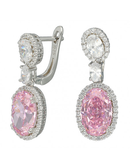 PENDIENTES DE PLATA LARGOS TRILOGY 2 ROSETAS Y PIEDRA ROSA OVALADA