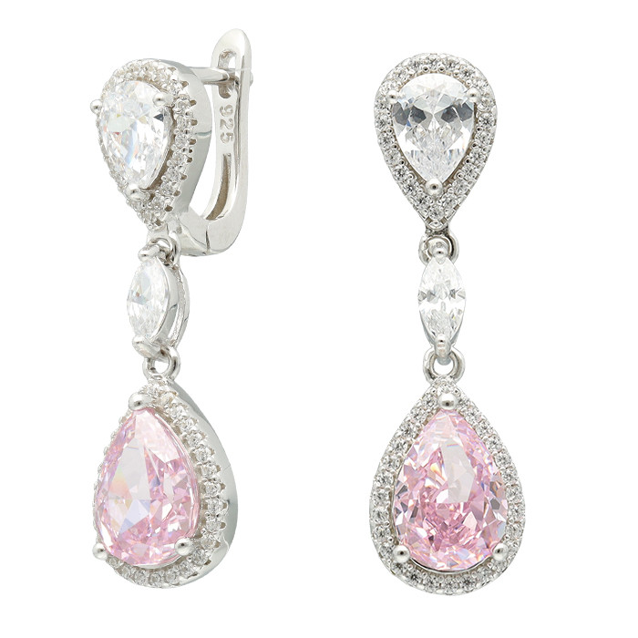 PENDIENTES DE PLATA LARGOS CON 2 ROSETAS Y UNA PERA ROSA