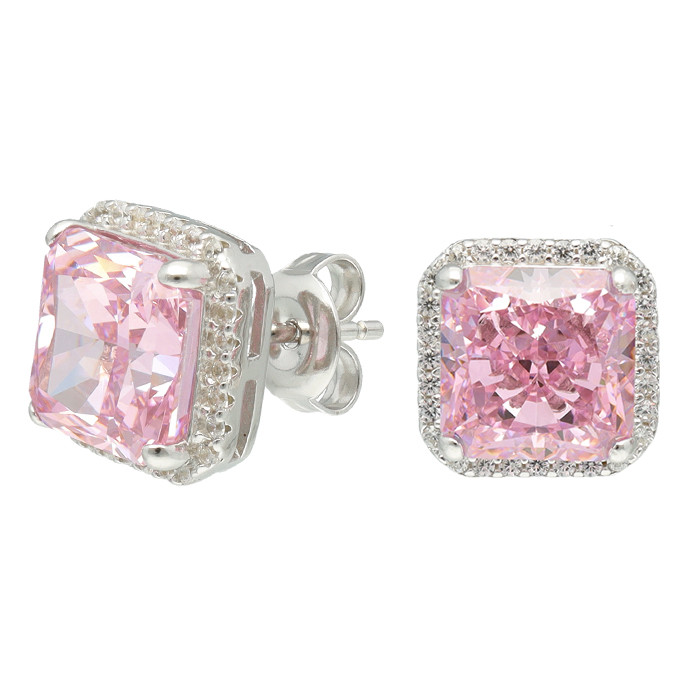 PENDIENTES DE PLATA CON PIEDRA ROSA CON FORMA CUADRADA.
