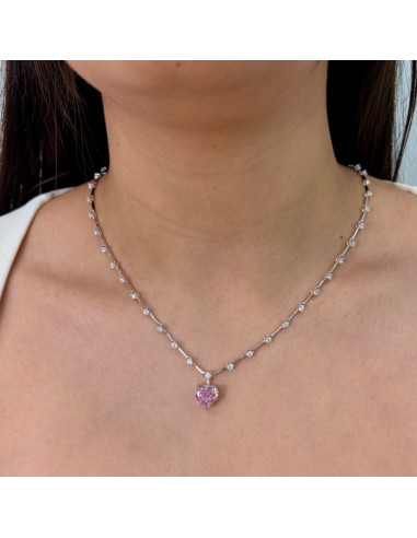 GARGANTILLA PLATA CIRCONITAS Y COLGANTE CORAZON ROSA