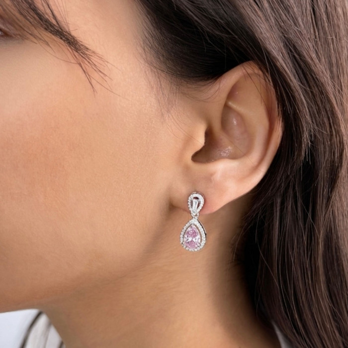 PENDIENTES DE PLATA LARGOS CON PIEDRA ROSA FORMA DE PERA 2