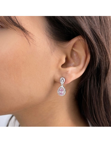 PENDIENTES DE PLATA LARGOS CON PIEDRA ROSA FORMA DE PERA