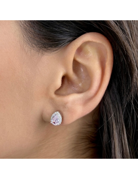 PENDIENTES DE PLATA ROSETA Y PIEDRA ROSA CON FORMA DE PERA