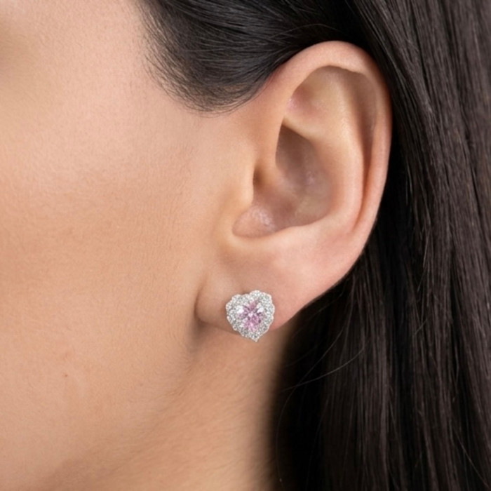 PENDIENTES DE PLATA CON UNA ROSETA Y UN CORAZON ROSA 2