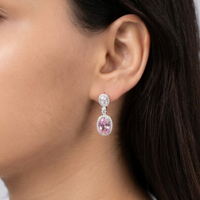 PENDIENTES DE PLATA LARGOS TRILOGY 2 ROSETAS Y PIEDRA ROSA OVALADA 2