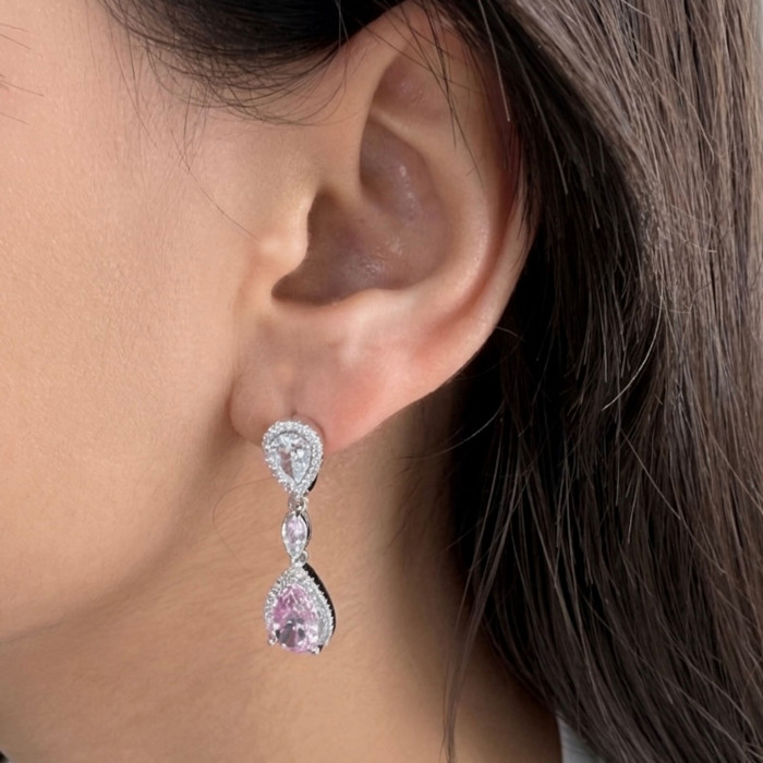 PENDIENTES DE PLATA LARGOS CON 2 ROSETAS Y UNA PERA ROSA 2