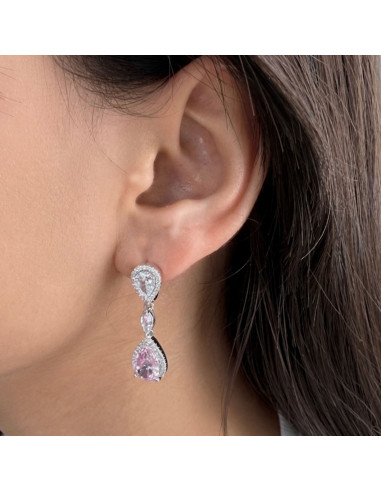 PENDIENTES DE PLATA LARGOS CON 2 ROSETAS Y UNA PERA ROSA