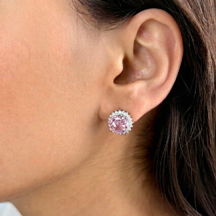 PENDIENTES DE PLATA CON UNA ROSETA CON PIEDRA ROSA REDONDA 2