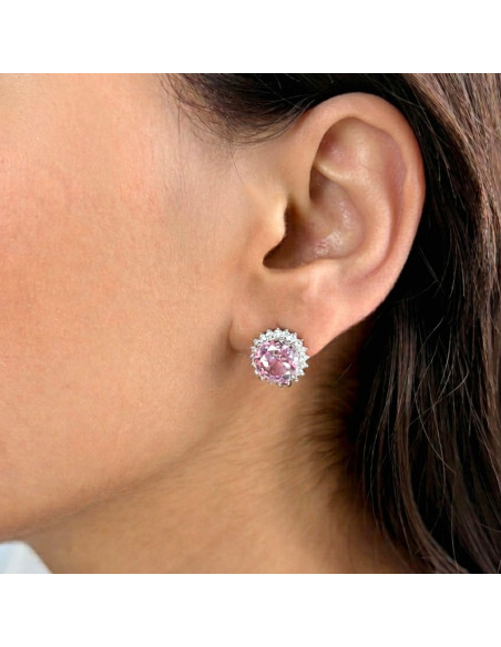 PENDIENTES DE PLATA CON UNA ROSETA CON PIEDRA ROSA REDONDA