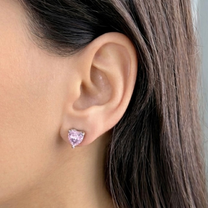 PENDIENTES DE PLATA CON PIEDRA ROSA CON FORMA DE CORAZÓN 3P 2