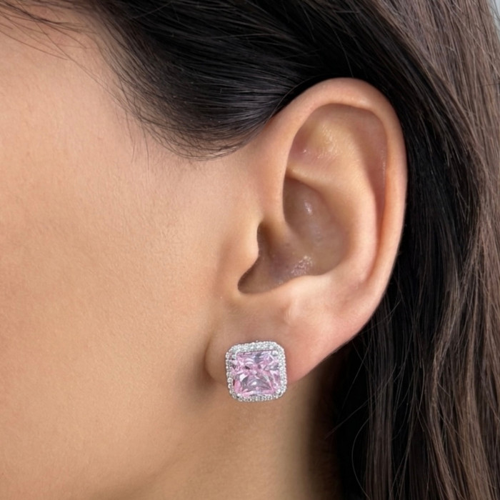 PENDIENTES DE PLATA CON PIEDRA ROSA CON FORMA CUADRADA. 2