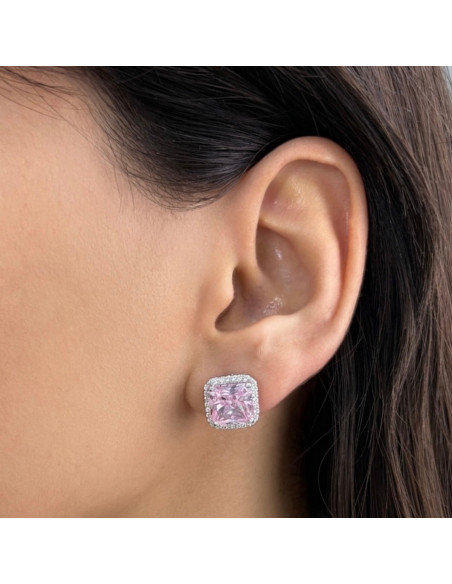 PENDIENTES DE PLATA CON PIEDRA ROSA CON FORMA CUADRADA.