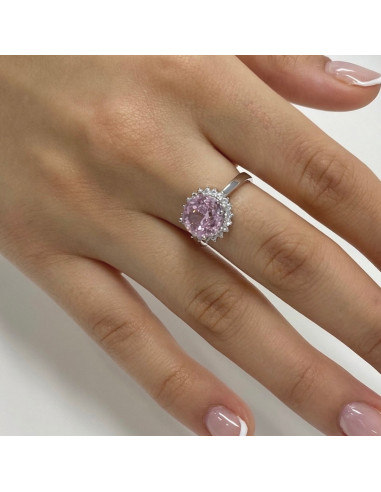 ANILLO DE PLATA CON ROSETA Y PIEDRA ROSA REDONDA