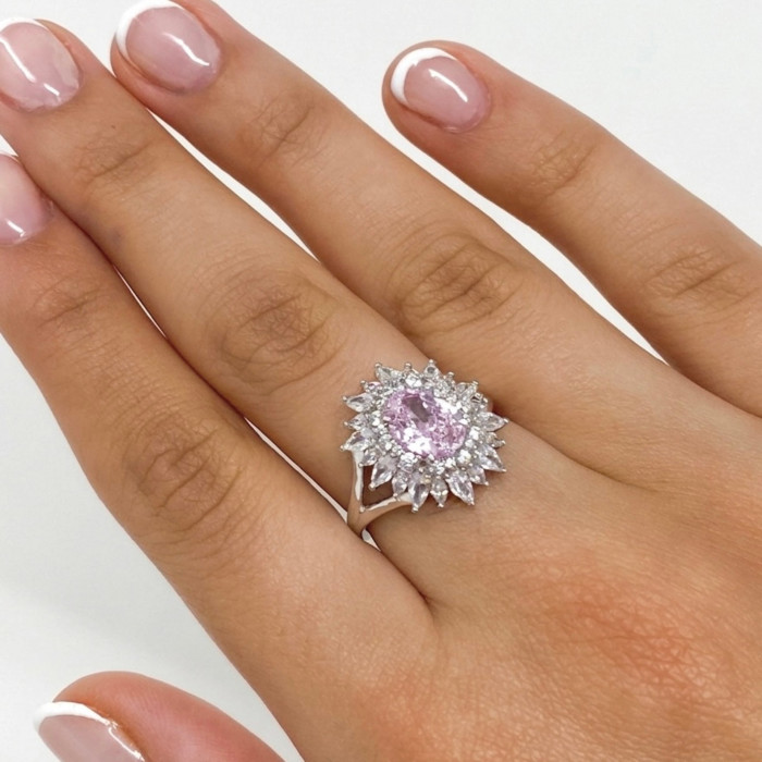 ANILLO DE PLATA CON ROSETA OVALADA Y PIEDRA ROSA 2