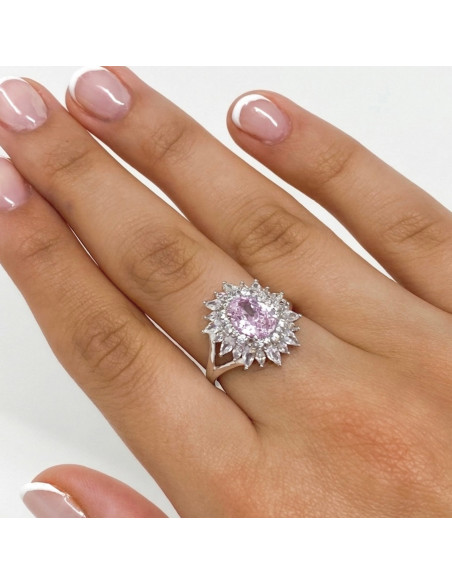 ANILLO DE PLATA CON ROSETA OVALADA Y PIEDRA ROSA