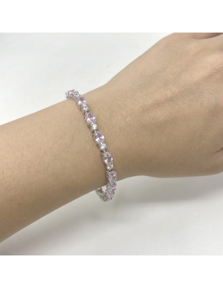 PULSERA DE PLATA RIVIERE CON PIEDRAS BLANCAS Y ROSAS PEGADAS
