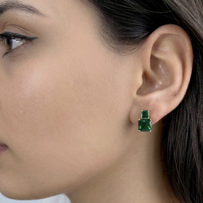 PENDIENTES EN PLATA DORADO CIRCONITAS CUADRADAS VERDES 2