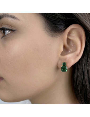 PENDIENTES EN PLATA DORADO CIRCONITAS CUADRADAS VERDES