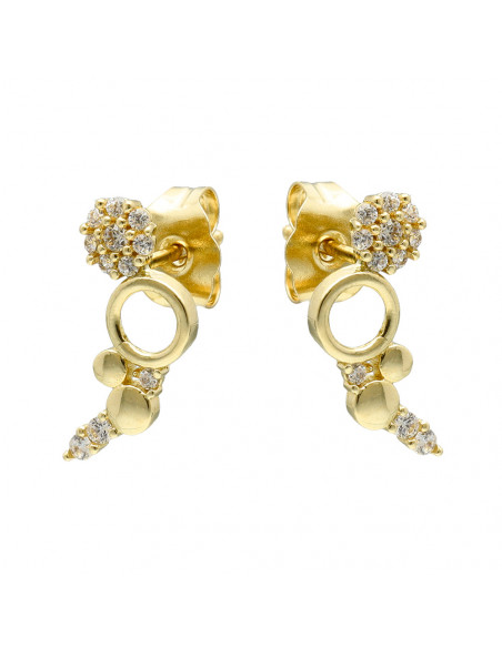 PENDIENTES EN ORO DE 9 QUILATES  ESCALADORES CON DISEÑO CIRCULOS COMBINADOS CALADOS Y  CIRCONITAS