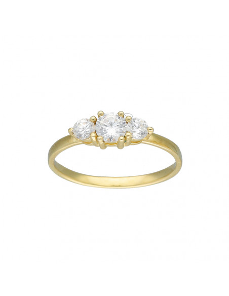 ANILLO EN ORO DE 9 QUILATES TRES CIRCONITAS TALLA BRILLANTE GARRAS