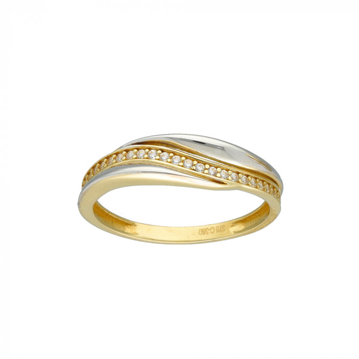 ANILLO EN ORO DE 9 QUILATES DOBLE ONDA ORO BLANCO Y AMARILLO CARRIL CENTRAL CIRCONITAS