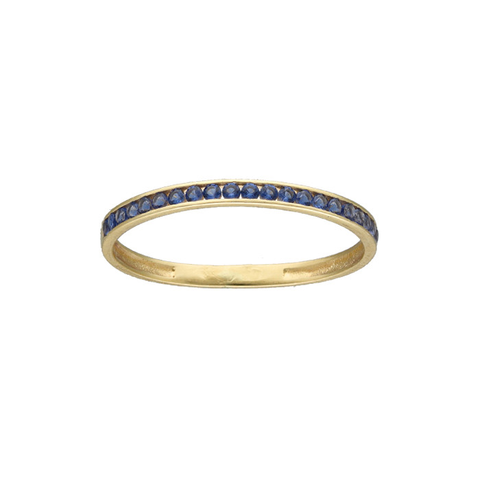 ANILLO EN ORO AMARILLO DE 9 QUILATES CON CIRCONITAS AZULES EN CARRIL FINO
