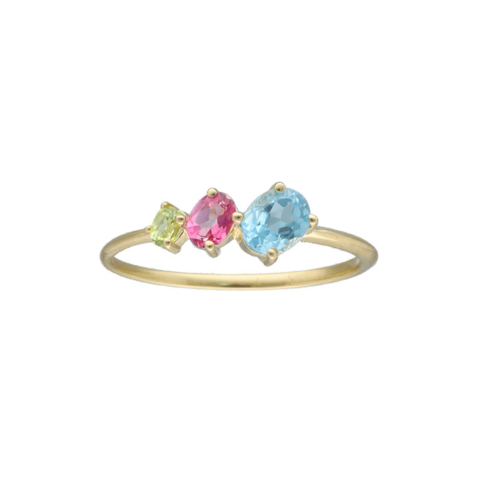 ANILLO EN ORO AMARILLODE 9 QUILATES TRES CIRCONITAS VERDE ROSA AZUL DISMINUCIÓN