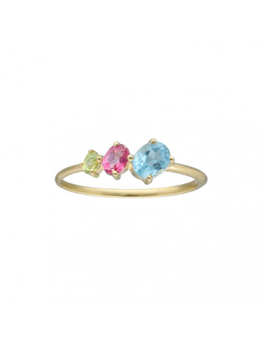 ANILLO EN ORO AMARILLODE 9 QUILATES TRES CIRCONITAS VERDE ROSA AZUL DISMINUCIÓN