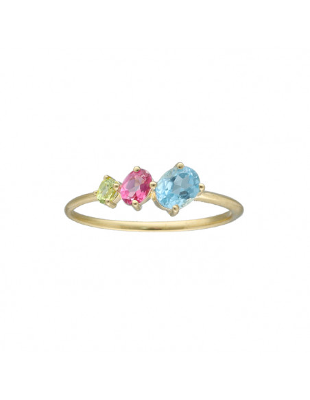ANILLO EN ORO AMARILLODE 9 QUILATES TRES CIRCONITAS VERDE ROSA AZUL DISMINUCIÓN