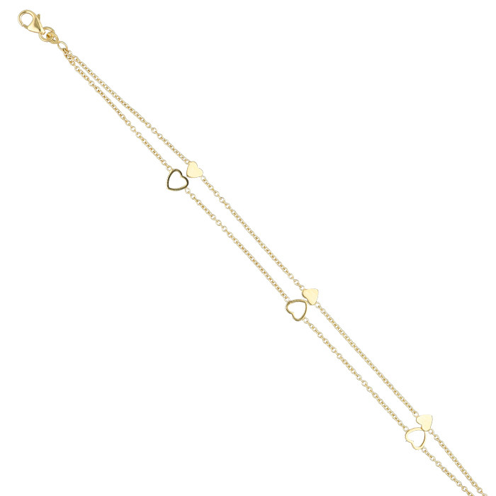 PULSERA EN ORO AMARILLO DE 9 QUILATES MALLA DOBLE  CADENA CORAZONES INTERCALADOS