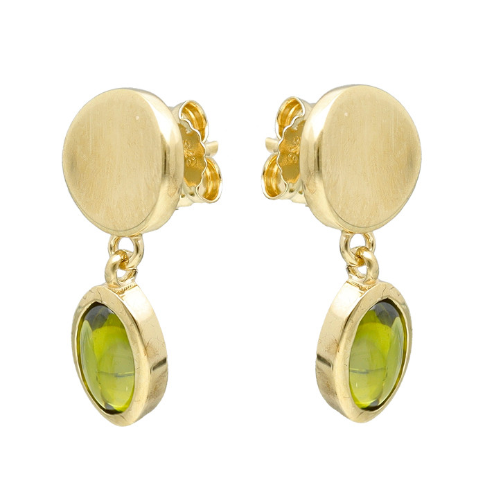 PENDIENTES LARGOS EN ORO AMARILLO DE 9 QUILATES CON ARO CÓNCAVO Y PIEDRA VERDE