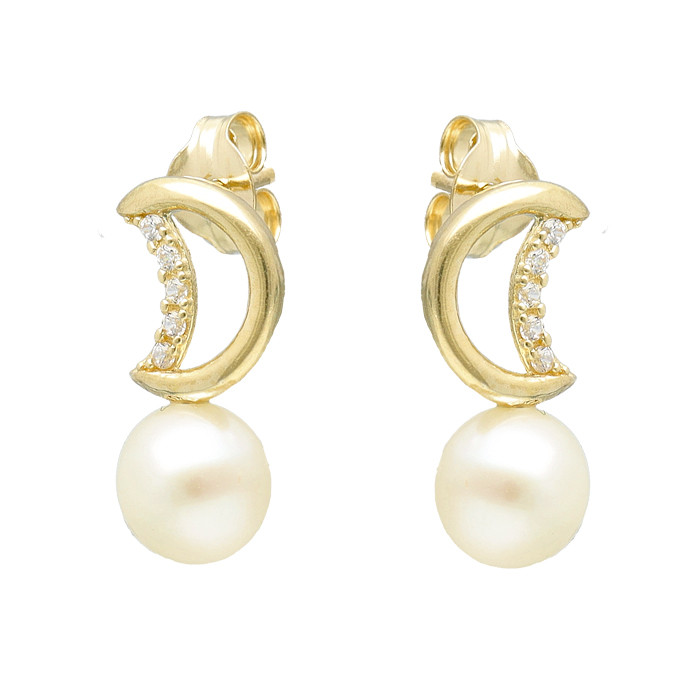 PENDIENTES EN ORO AMARILLO DE 9 QUILATES MEDIA LUNA CIRCONITAS PERLA