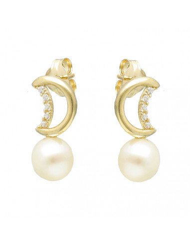 PENDIENTES EN ORO AMARILLO DE 9 QUILATES MEDIA LUNA CIRCONITAS PERLA