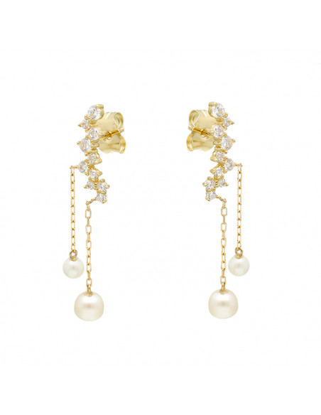 PENDIENTES TREPADOR  EN ORO DE 9 QULATES CIRCONITAS ,CADENAS Y PERLAS