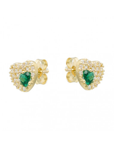 PENDIENTES EN ORO AMARILLO DE 9 QUILATES CORAZÓN CIRCONITAS CORAZÓN PIEDRA VERDE