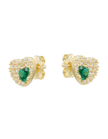 PENDIENTES EN ORO AMARILLO DE 9 QUILATES CORAZÓN CIRCONITAS CORAZÓN PIEDRA VERDE