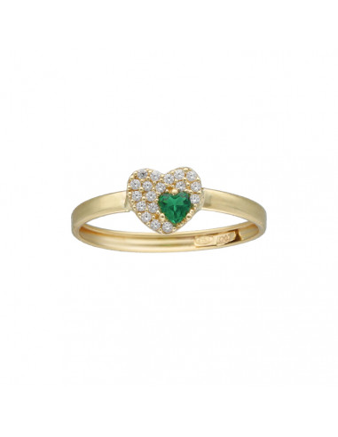 ANILLO EN ORO AMARILLO DE 9QUILATES CON CORAZÓN CUAJADO DE CIRCONITAS Y PIEDRA EN CORAZÓN VERDE