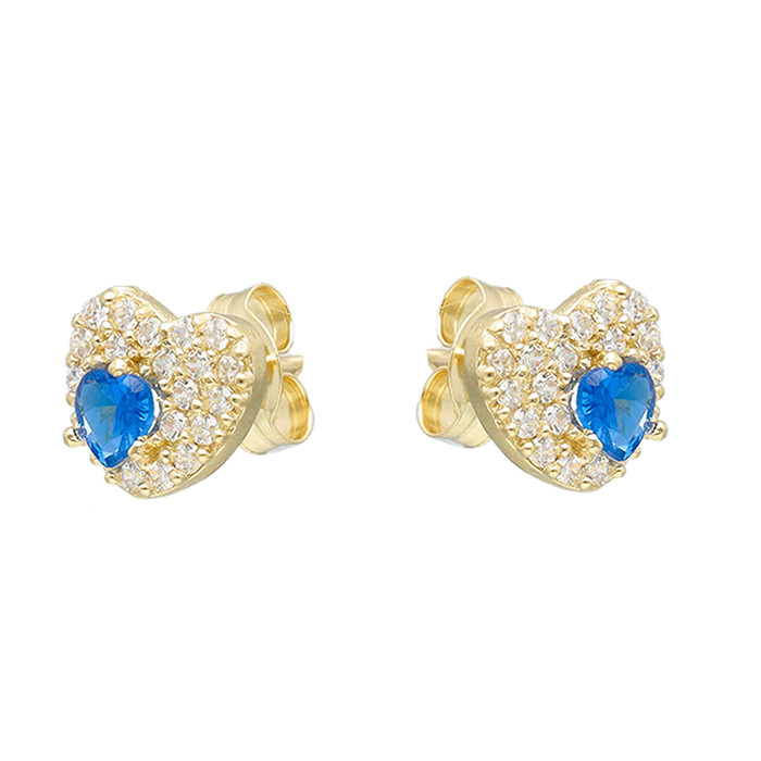 PENDIENTES EN ORO AMARILLO DE 9 QUILATES CORAZÓN CUAJO CIRCONITAS CON CORAZÓN PIEDRA AZUL