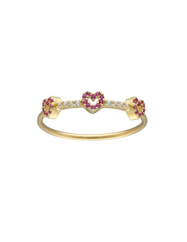ANILLO EN ORO AMARILLO DE 18 QUILATES MEDIA ALIANZA CIRCONITAS TRES CORAZONES CALADOS CIRCONITAS ROJAS