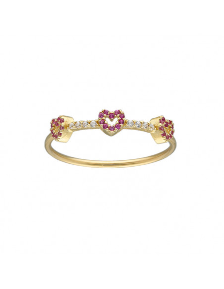 ANILLO EN ORO AMARILLO DE 18 QUILATES MEDIA ALIANZA CIRCONITAS TRES CORAZONES CALADOS CIRCONITAS ROJAS