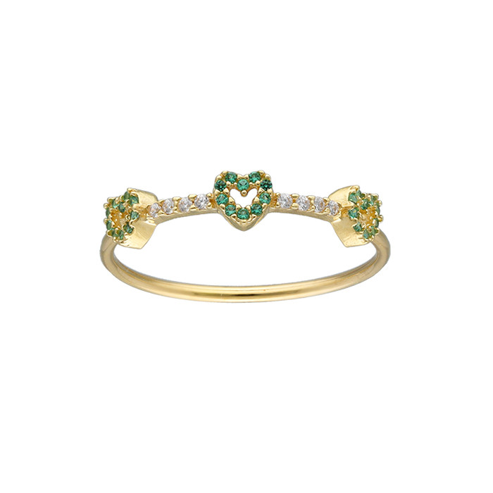 ANILLO EN ORO AMARILLO DE 9 QUILATES MEDIA ALIANZA CIRCONITAS TRES CORAZONES CALADOS CIRCONITAS VERDES