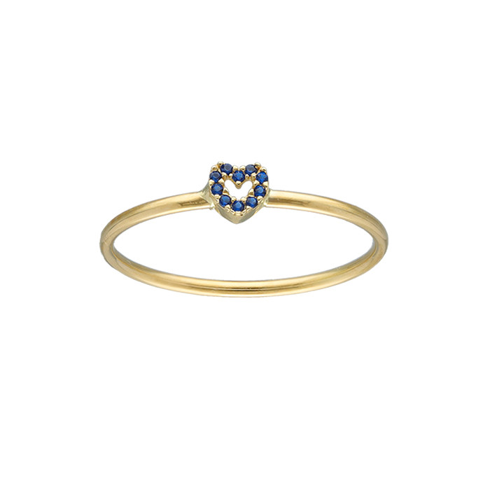 ANILLO EN ORO DE 18 QUILATES ARO LISO CORAZON CALADO CIRCONITAS AZULES