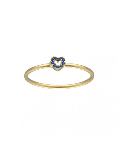 ANILLO EN ORO AMARILLO DE 18 QUILATES ARO LISO CORAZON CALADO CIRCONITAS AZULES