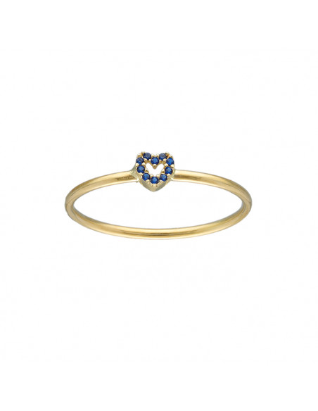 ANILLO EN ORO AMARILLO DE 18 QUILATES ARO LISO CORAZON CALADO CIRCONITAS AZULES