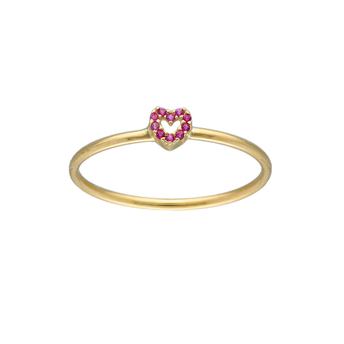 ANILLO EN ORO AMARILLO DE 18 QUILATES ARO LISO CORAZÓN CALADO CIRCONITAS ROJAS