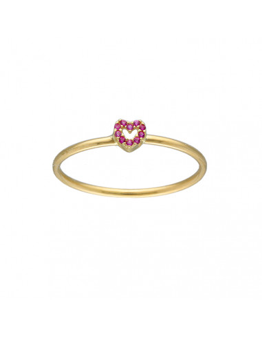 ANILLO EN ORO AMARILLO DE 18 QUILATES ARO LISO CORAZÓN CALADO CIRCONITAS ROJAS